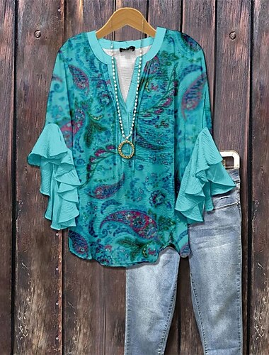  Damen T Shirt T-Shirt Blumen Grafik Mode Modern Halbarm V Ausschnitt Normale Oberteile Täglich Ausgehen Rüsche Druck Rosa Blau Braun Sommer Frühling