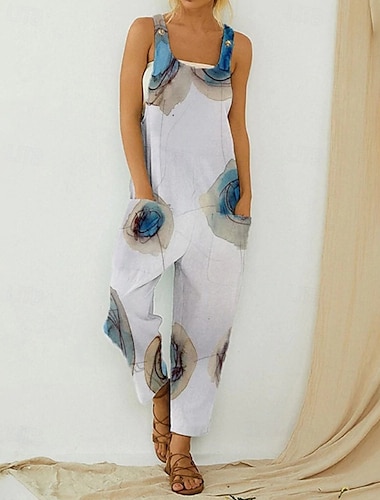  Mujer Normal Mono Ropa de calle Floral Sin Mangas Escote en U Bolsillo Estampado Noche Fin de semana Ajuste regular Blanco Verano