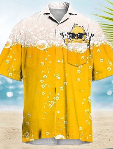  Herren Lustig Bier Ente Kuba-Kragen-Hemd Sommer Hawaiihemd Alohahemd Kurzarm Hawaiianisch Urlaub Ferien Strandbekleidung Sommer Frühling Hemd mit Camp-Kragen 3D-Druck Eine Tasche vorne Gelb Orange