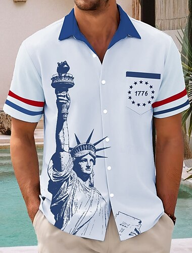  Tag der Unabhängigkeit Herren Freiheitsstatue US Flagge Patriotisch Hemd Sommerhemd Knopfhemd Kurzarm Modisch lässig Ferien Sommer Frühling Umlegekragen 3D-Druck Hemden mit Kragen Eine Tasche vorne