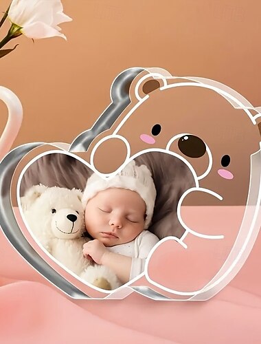  Targa ricordo in acrilico a forma di cuore con orsetto fotografico personalizzato, grazioso ornamento da scrivania con foto di un bambino per compleanno, Natale, festa della mamma, regalo elegante per