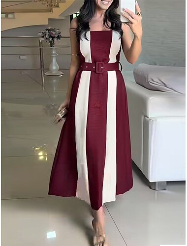  Women's Maxi Dress A Line Dress Off The Shoulder Dress Casual Outdoor Going out Standard Fit Stripe Sleeveless Strapless Pink Wine Camel Army Green Summer