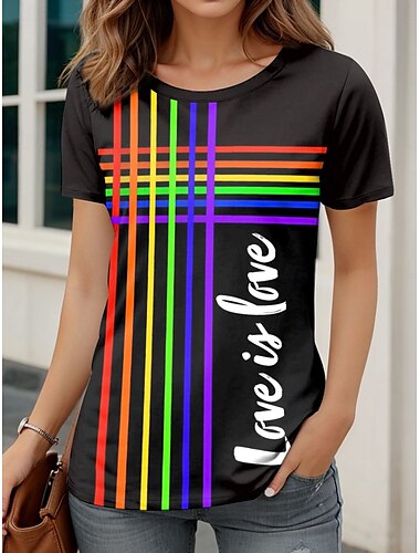  T-shirt femme motif LGBT pride, motif géométrique, vintage, élégant, classique, manches courtes, col rond, imprimé quotidien, noir, été, printemps