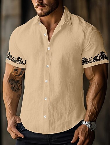  Herren Leinenhemd Sommerhemd Strandbekleidung Knopfhemd Blume Urlaub Lässig Weiß Blau Khaki Kurzarm Umlegekragen Sommer Frühling Bekleidung