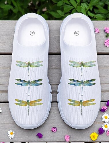  Weiße Damen-Wanderschuhe aus Fliegenstrick mit buntem Libellen-Print – leichte, atmungsaktive Freizeit-Slipper für Spaziergänge im Freien, Sommerreisen und den Alltag