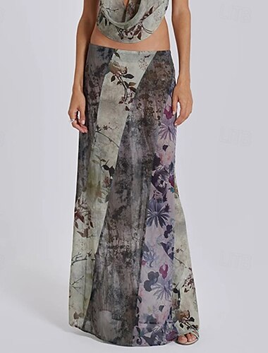  Dames Rok Recht Modieus Boho Maxi Medium taille Rokken Bloemig Afdrukken Micro-elastisch Straat Uitgaan Grijs Zomer Polyester