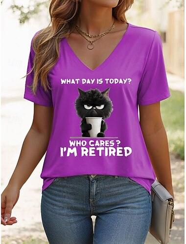 Damen T-Shirt Retired Graphic Animal Letter Vintage Stylish Klassisch Kurzarm V-Ausschnitt Regulär Tops Täglicher Druck Blau Lila Grün Grau Sommer Frühling