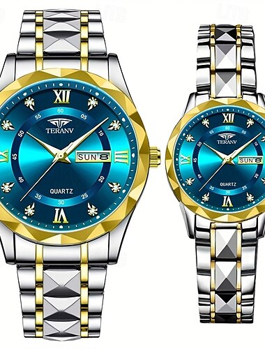  Reloj de pareja con dos esferas romanas redondas engastadas con diamantes de agua y pantalla luminosa, resistente al agua ipx7, reloj de cuarzo, calendario, fecha, correa de acero inoxidable de moda,