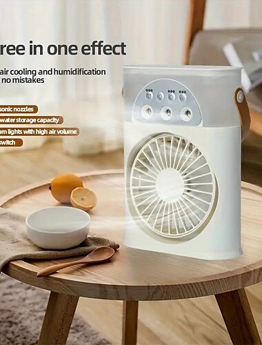  Ventilador nebulizador 3 en 1 con humidificador y luz nocturna RGB: enfriador de escritorio portátil con tanque de agua de 250 ml para el hogar, la oficina y viajes.