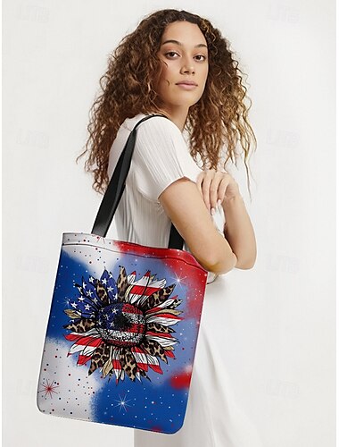  Tragetasche mit Sonnenblumen-Print und amerikanischer Flagge und Sternenhintergrund, Boho-Stil, perfekt für Frauen – ideal für den Unabhängigkeitstag, Festivals und Strandausflüge