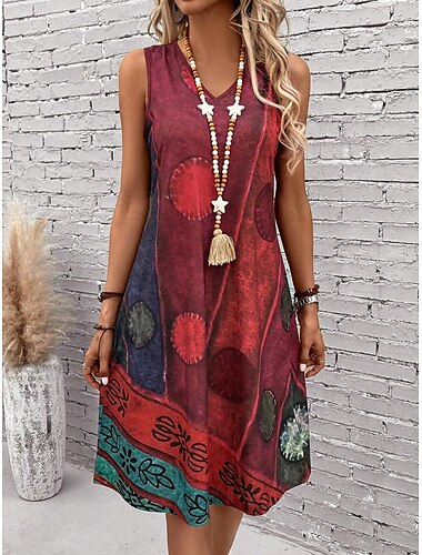  Damen Minikleid Sommerkleid A Linie Kleid Urlaub Lässig Boho Normale Passform Grafik Geometrisch Farbblock Ärmellos U-Ausschnitt Dunkelrot Blau Sommer Frühling