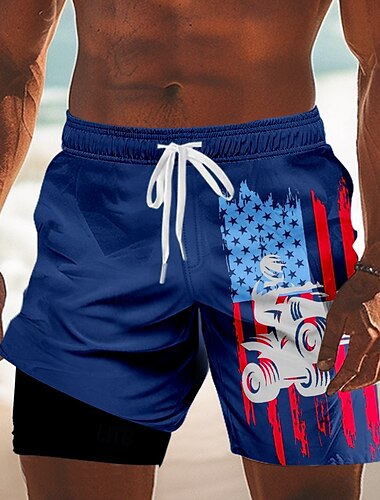  Tag der Unabhängigkeit Herren US Flagge Patriotisch Vierter Juli Gefütterte Shorts 2 in 1 Badeshorts Badeshorts Mittlere Taille Ferien Seitentaschen Mit Kompressionsfutter Elastischer Kordelzug in