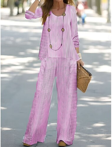  Damen Hemd Bluse Dreiviertelarm Rundhals U-Ausschnitt Grafik Gestreift Druck Outdoor Urlaub Lässig Rosa Blau Grün Sommer Normale Passform