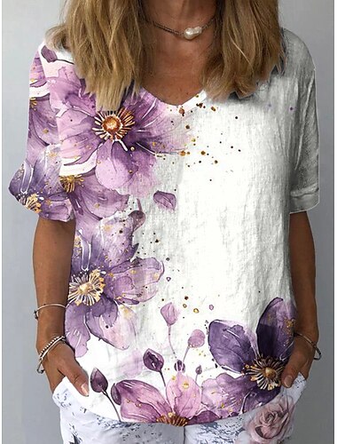  Damen Hemd Blumen Grafik Pflanzen Vintage Stilvoll Klassisch Kurzarm Rundhalsausschnitt Normale Oberteile Täglich Strandbekleidung Urlaubskleidung Druck Purpur Grau Leicht Blau Sommer Frühling