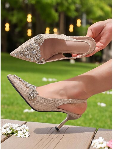  Damen-Slingback-Kitten-Heels aus weißer Spitze mit Strassverzierungen – Cocktail-Partyschuhe im Vintage-Stil für Brautjungfern, Gartenempfänge und Feiern im Freien