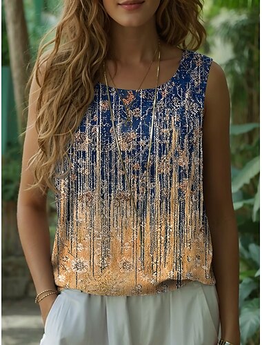  Dam Camisole linne Elegant bohemliv Vintage Ärmlös Rund hals Vanliga toppar Semesterkläder Gul Blå Sommar Vår