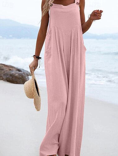  Tuta normale da donna, salopette, streetwear, tinta unita, senza maniche, scollo a U, tasca, strada, quotidiano, vestibilità regolare, nero, giallo, rosa, estate