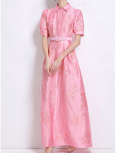  Rosa Jacquard Brokatkleid A-Linie Quinceanera Kleider Elegantes Kleid Formal Hochzeit Bodenlänge Kurzarm Hemdkragen mit Schlitz Hochzeitsgastkleid 2025