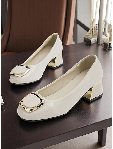  Damen-Lackleder-Blockabsätze mit goldener Schnalle – Retro-Pumps mit quadratischer Spitze fürs Büro, Geschäftstreffen und formelle Anlässe