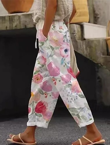  Dam Linneinspirerade byxor Beskurna byxor Harem byxor Streetwear Boho Ankellång Medium Midja Blomma Elastisk midja Andningsfunktion Bekväm Microelastisk Utomhus Dagliga kläder Rosa Sommar Normal