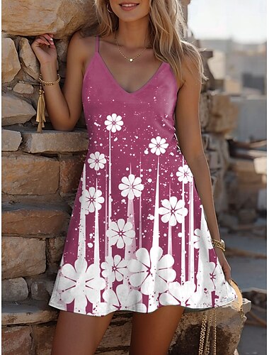  Damen Minikleid A-Linien-Kleid Sommerkleid Unterkleid Urlaub Casual Alltag Regular Fit Blumenmuster Grafik Ärmellos V-Ausschnitt Schwarz Rosa Blau Grün Sommer