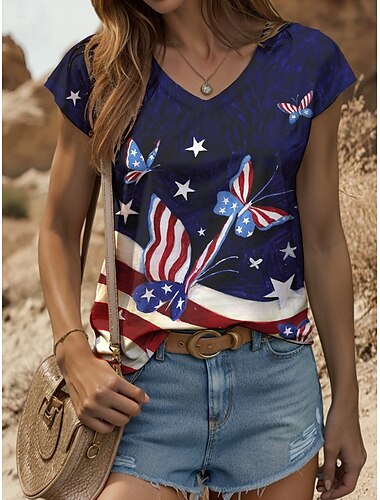  Vrouwen Patriottische Vlag Vlinder Camisole Tanktop Vintage Stijlvol Casual Mouwloos Korte Mouwen V-Hals Normale Tops Dagelijks Print Rood Zomer Lente