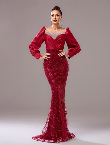  Corte Trompeta / Sirena vestidos de quinceañera Elegante Vestido Boda Invitado a la boda Hasta el Suelo Manga Larga Cuello Barco Lentejuelas con Lentejuela 2025