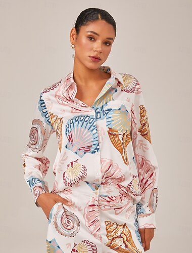  女性用 女性 ボタンダウンシャツ カジュアルシャツ 海洋 シェル 海洋生物 カジュアル ビショップスリーブ ピンク ボタン グラフィック柄 長袖 エレガント 旅行度假风 カジュアル シャツカラー 夏 春 秋