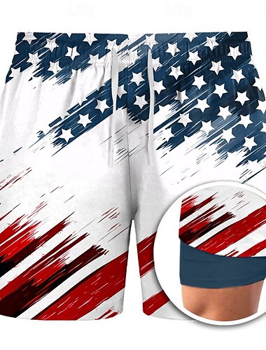 Tag der Unabhängigkeit Herren US Flagge Patriotisch Gefütterte Shorts 2 in 1 Badeshorts Badehosen Mittlere Taille Hawaiianisch Ferien Seitentaschen Mit Kompressionsfutter Elastischer Kordelzug in der