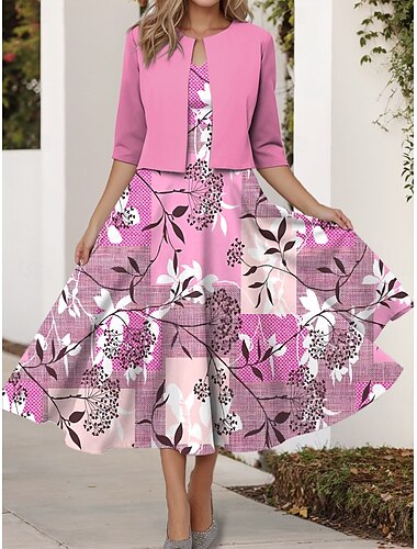  Damen Kleid-Set A Linie Kleid Sommerkleid Party Halbformelle Kleider Blumen Grafik Druck Midikleid Halbarm V Ausschnitt Hochzeitsgast Täglich Rosa Blau Purpur Sommer Frühling Normale Passform