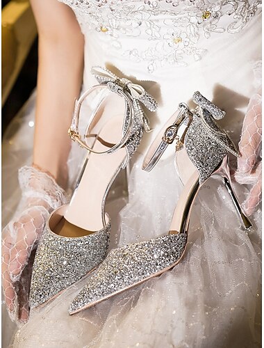  Sapatos de salto alto femininos com laço prateado e glitter - sapatos de casamento com tiras no tornozelo e bico fino e brilhantes para noivas e ocasiões nupciais elegantes