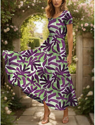  Women's Maxi Dress Casual Dress Sundress A Line Dress Summer Dress Vacation Vintage Ethnic Regular Fit Graphic Leaf Geometric Short Sleeve Square Neck Scoop Neck Red Blue Purple Green Summer Spring