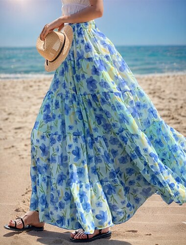  Femmes Taille Asiatique Jupe Évasé Longue Été Maxi Taille Haute Jupes Fleuri Bloc de Couleur Superposé Mousseline de Soie Imprimé Micro-Élastique Vacances Décontracté Quotidien Blanche Rose Claire