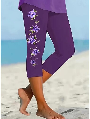  Frauen Leggings Capri Hosen Hochstretchfähigkeit Urlaub Vintage Mode Knöchellang Mittlere Taille Blumen Grafische Schmetterlingsdruck Atmungsaktiv Weich Dehnbar Outdoor Urlaub Straße Helllila Lila