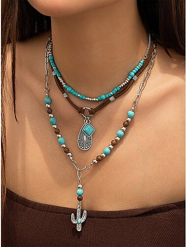  Damen-Set aus mehrlagigen türkisfarbenen Perlen im Western-Stil – Statement-Schmuck im Boho-Stil mit Kaktus- und Tropfenanhängern, ideal für Festivals, Country-Konzerte und die Freizeit