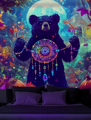  Boho Schwarzlicht Wandteppich Leuchtet im Dunkeln Glow Party UV-reaktiv Traumfänger Trippy Nebel Tier Bär Hängender Wandteppich Wandkunst Wandmalerei für Wohnzimmer Schlafzimmer