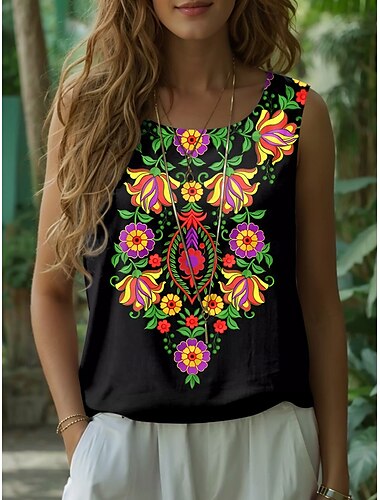  Dam Camisole linne Blommig Grafisk Elegant bohemliv Vintage Ärmlös Rund hals Vanliga toppar Svart Blå Sommar Vår