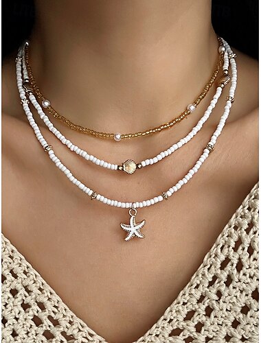  Mehrlagiges Halsketten-Armband-Fußkettchen-Set im Strandstil für Damen mit Seestern- und Muschelanhängern, gold- und weißperlenbesetztes Design, geeignet für den Sommerurlaub, den lässigen und Bohème-Stil