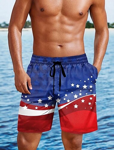  Tag der Unabhängigkeit Herren Amerikanische US-Flagge Patriotisch Badehosen Badeshorts Boardshorts Mittlere Taille Hawaiianisch Ferien Seitentaschen Netzfutter Elastischer Kordelzug in der Taille