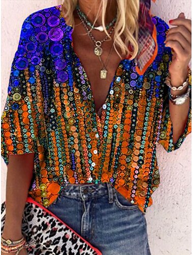  Damen Bluse Grafik Paisley-Muster Farbblock Bohemien Täglich Lässig Dreiviertelarm Hoher Ausschnitt Normale Oberteile Knöpfe Druck Gelb Purpur Orange Sommer Frühling