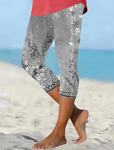  Femmes Pantalon capri Leggings Occasionnel Boho Longueur mollet Naturel Fleuri Taille Élastique Imprimé Confortable Extérieur Extérieur Vacances Gris Été Coupe régulière