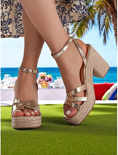  Sandales compensées dorées pour femmes avec bride à la cheville - talons ouverts pour les rendez-vous décontractés et les tenues d'été