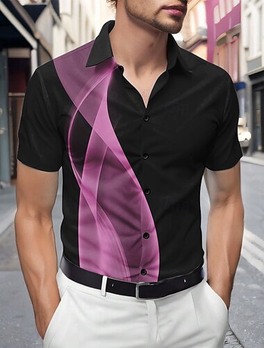  Men's Geometric Waves Gradient Color Shirt Summer Shirt Button Up Shirt Short Sleeve Fashion Casual Outdoor Vacation Dailywear Summer Spring Turndown 3D Print Collared Shirts Yellow Blue Purple Gray