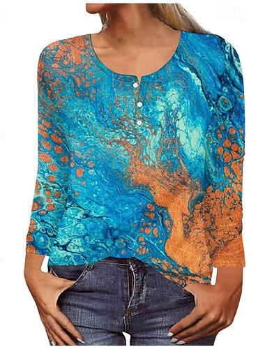  Per donna Camicia Grafico Quotidiano Elegante Essenziale Manica Lunga Girocollo Top Regolari Quotidiano Ferie Bottoni Stampato Blu Verde Grigio scuro Azzurro Primavera Autunno