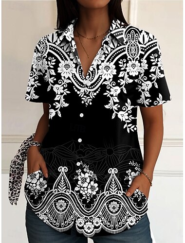  Damen Hemd Blumen Grafik Vintage Täglich Stilvoll Kurzarm Hemdkragen Normale Oberteile Täglich Schwarz Weiß Gelb Rote Blau Sommer Frühling