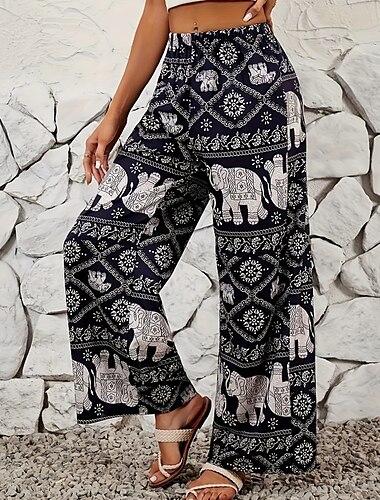  Dam Trosor Byxor Streetwear Boho Fullängd Naturlig Blomma Elastisk midja Tryck Bekväm Utomhus Utomhus Semester Dagligen Svart Sommar Normal