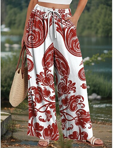  Damen Weites Bein Chinos Baggy-Hosen Urlaub Vintage Ethno-Stil Volle Länge Hohe Taille Blumen Grafik Drucken Thermowarm Atmungsaktiv Weich Mikroelastisch Urlaub Straße Lässig Rubinrot Rote Grün Grün
