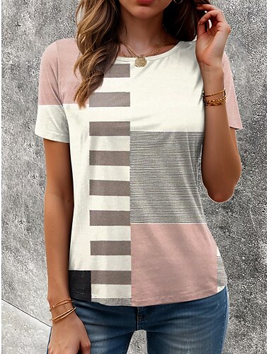  Dames T-shirt Grafisch Geometrisch Geometrie Vintage Stijlvol Klassiek Korte mouw Strakke ronde hals Ronde hals Normale tops Dagelijks Afdrukken Stoffige roos Zomer Lente