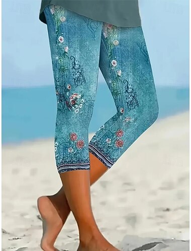 Damen Leggings Urlaub Vintage Mode Wadenlang Hohe Taille Blumen Grafik Drucken Thermowarm Atmungsaktiv Weich Dehnbar Outdoor Urlaub Straße Meerblau Rubinrot Grün aschgrau Sommer Frühling Schmale