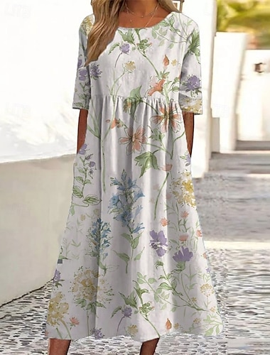  Femmes Robe Midi Robe Décontractée Robe Fleurie Classique Moderne Extérieur Vacances Quotidien Coupe régulière Fleur Manche Courte Col ras du cou Jaune Rose Claire Violet Vert Été